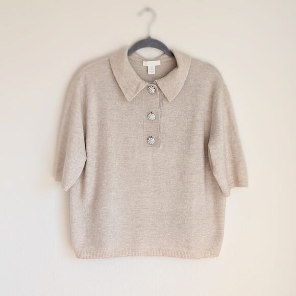 H&M Beige Wool Blend Rhinestone Flower Buttons Short Sleeve Sweater, size S - Picture 1 of 8